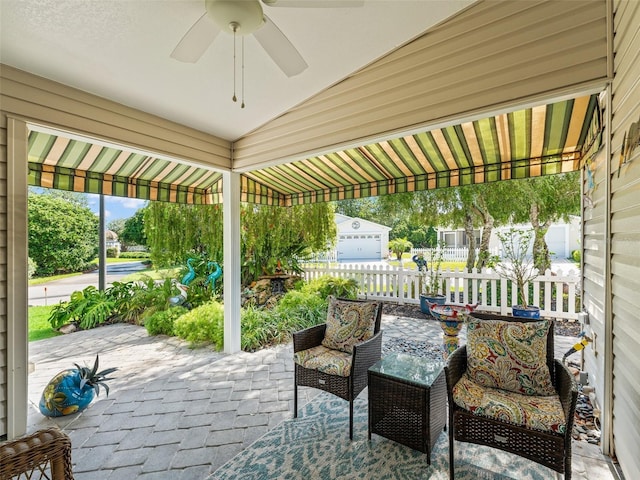 17324 SE 82nd Pecan Ter, The Villages, FL 32162 - view of patio with ceiling fan, an outdoor hangout area, and an outbuilding