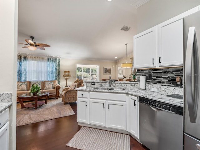 17324 SE 82nd Pecan Ter, The Villages, FL 32162 - kitchen featuring stainless steel appliances, a sink, a peninsula, ornamental molding, and dark wood finished floors