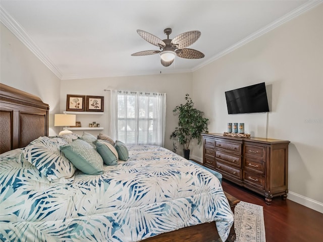 17324 SE 82nd Pecan Ter, The Villages, FL 32162 - bedroom featuring crown molding, dark wood finished floors, baseboards, and a ceiling fan