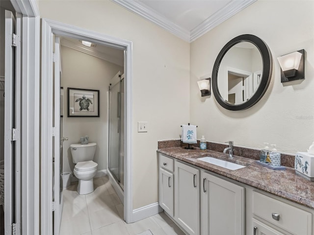 17324 SE 82nd Pecan Ter, The Villages, FL 32162 - full bath with toilet, vanity, ornamental molding, a stall shower, and tile patterned floors
