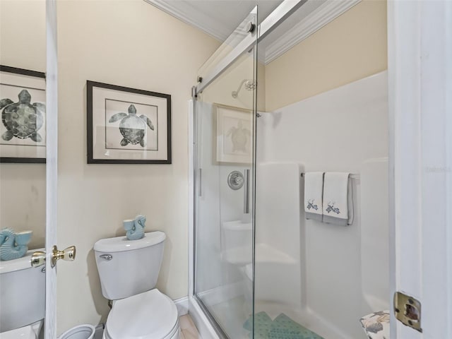 17324 SE 82nd Pecan Ter, The Villages, FL 32162 - bathroom featuring toilet, ornamental molding, and a stall shower