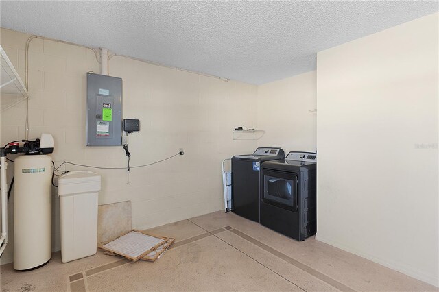 1116 San Bernardo Rd, The Villages, FL 32162 - laundry room with washer and dryer, electric panel, concrete block wall, and a textured ceiling