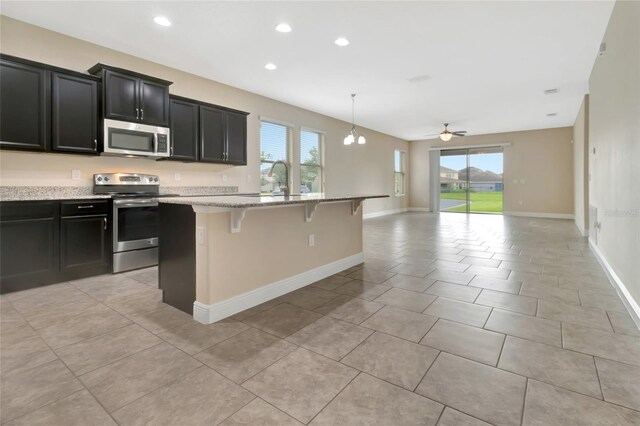 15531 Waterleigh Cove Dr, Winter Garden, FL 34787 - kitchen featuring appliances with stainless steel finishes, healthy amount of natural light, open floor plan, dark cabinets, and recessed lighting