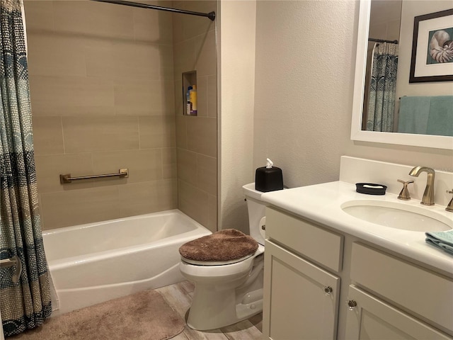 3466 Smedley Rd, The Villages, FL 32163 - bathroom with vanity, toilet, shower / bathtub combination with curtain, and a textured wall
