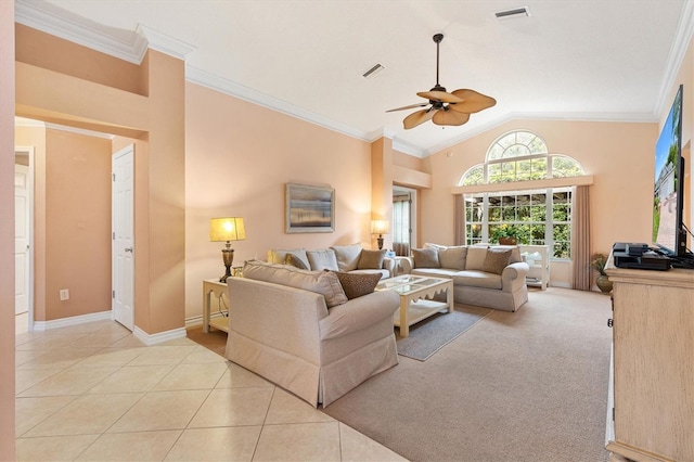 2991 Saint Thomas Ln, The Villages, FL 32162 - living area featuring ceiling fan, ornamental molding, baseboards, light tile patterned floors, and high vaulted ceiling