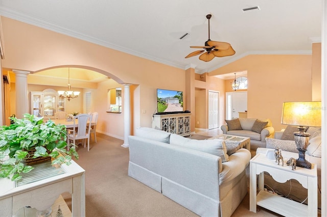 2991 Saint Thomas Ln, The Villages, FL 32162 - living area with decorative columns, arched walkways, light carpet, ceiling fan, and crown molding
