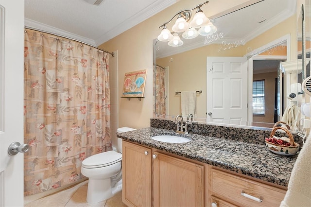 2991 Saint Thomas Ln, The Villages, FL 32162 - full bathroom featuring crown molding, vanity, toilet, tile patterned floors, and curtained shower