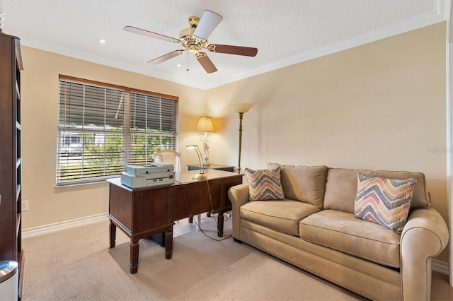2991 Saint Thomas Ln, The Villages, FL 32162 - office space with light carpet, ceiling fan, baseboards, ornamental molding, and a textured ceiling