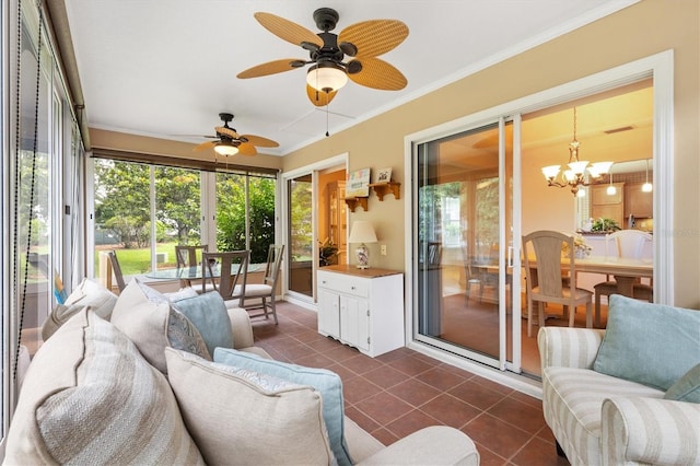 2991 Saint Thomas Ln, The Villages, FL 32162 - sunroom with tile patterned flooring, ornamental molding, and a chandelier