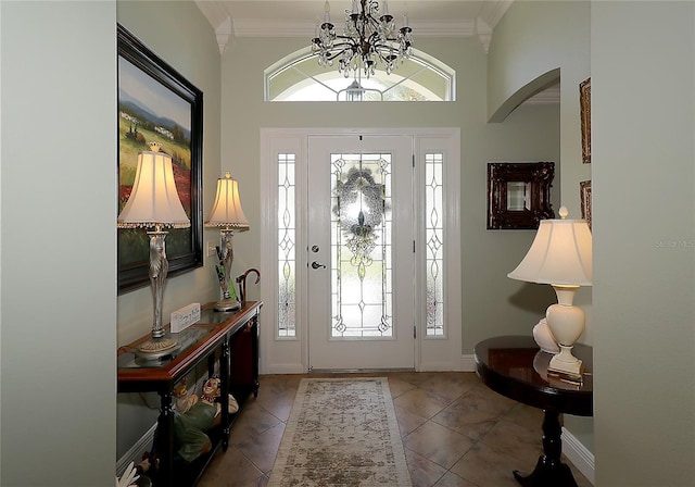 1553 Lynchburg Loop, The Villages, FL 32162 - tiled foyer with a chandelier, ornamental molding, and baseboards