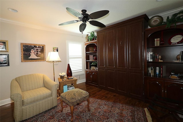 1553 Lynchburg Loop, The Villages, FL 32162 - living area featuring dark wood-style floors, baseboards, ornamental molding, and ceiling fan