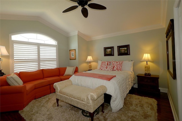 1553 Lynchburg Loop, The Villages, FL 32162 - bedroom featuring vaulted ceiling, dark wood-style flooring, ornamental molding, ceiling fan, and baseboards