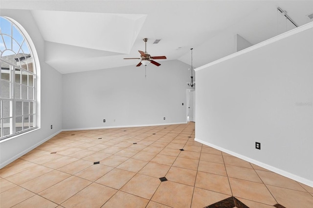 2705 Bayview Dr, Eustis, FL 32726 - unfurnished room with a ceiling fan, light tile patterned floors, baseboards, and high vaulted ceiling