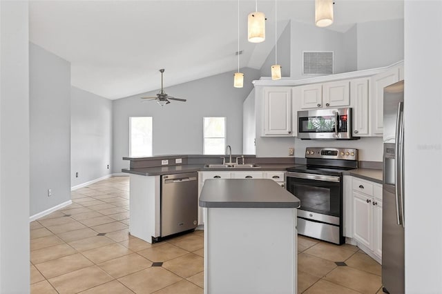 2705 Bayview Dr, Eustis, FL 32726 - kitchen with stainless steel appliances, a sink, dark countertops, white cabinets, and a peninsula