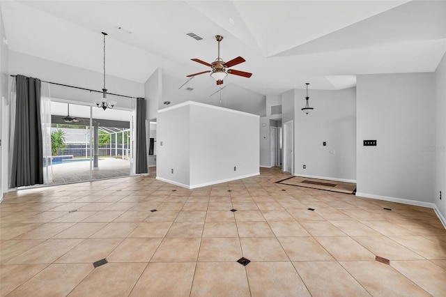 2705 Bayview Dr, Eustis, FL 32726 - unfurnished living room featuring a ceiling fan, high vaulted ceiling, baseboards, and light tile patterned flooring