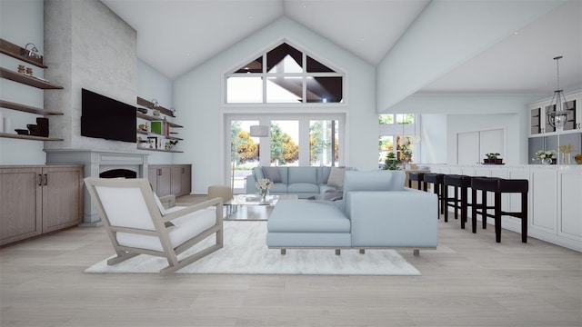 2421 Shady Ln, Groveland, FL 34736 - living room with high vaulted ceiling and a fireplace