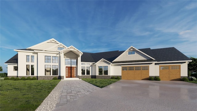 2421 Shady Ln, Groveland, FL 34736 - view of front of property with stone siding, concrete driveway, a garage, a front lawn, and french doors
