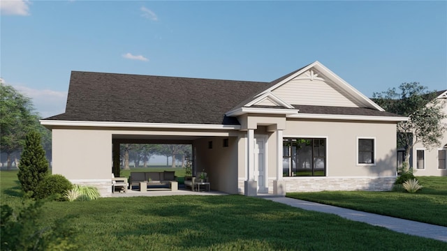 2421 Shady Ln, Groveland, FL 34736 - view of front facade with outdoor lounge area, a front yard, roof with shingles, and stucco siding