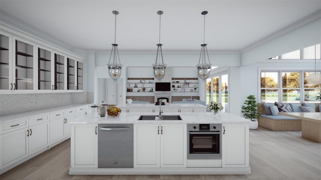 2421 Shady Ln, Groveland, FL 34736 - kitchen featuring open floor plan, stainless steel appliances, a sink, glass insert cabinets, and crown molding