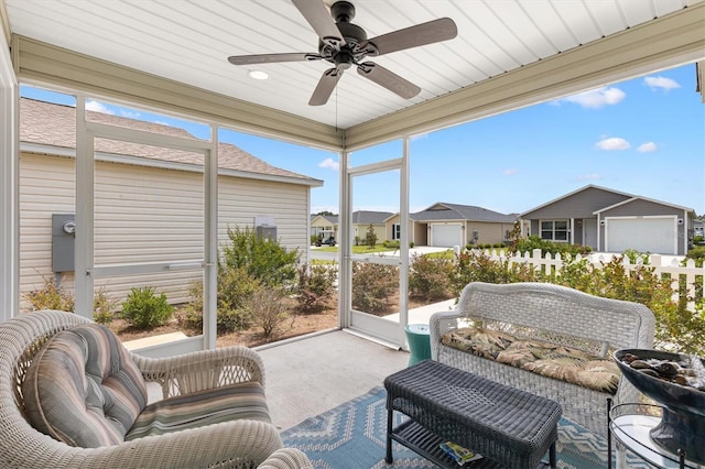 1225 Eunice St, The Villages, FL 34762 - sunroom featuring ceiling fan and a residential view