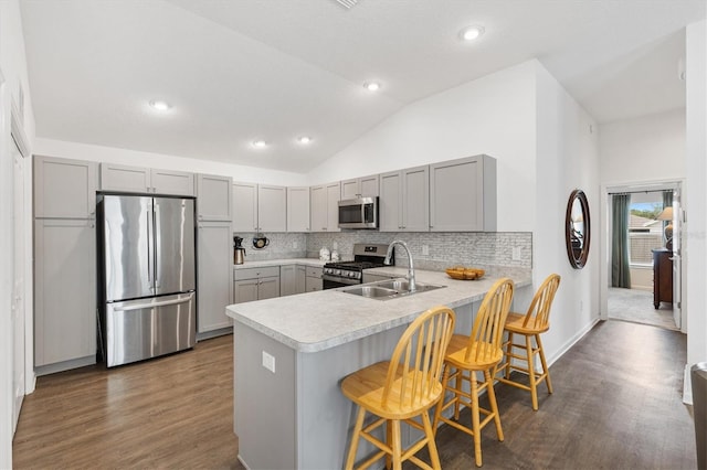 1225 Eunice St, The Villages, FL 34762 - kitchen with appliances with stainless steel finishes, gray cabinetry, wood finished floors, lofted ceiling, and recessed lighting