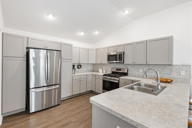 1225 Eunice St, The Villages, FL 34762 - kitchen featuring appliances with stainless steel finishes, a sink, lofted ceiling, a peninsula, and tasteful backsplash