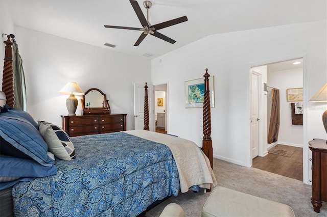 1225 Eunice St, The Villages, FL 34762 - bedroom with vaulted ceiling, carpet flooring, connected bathroom, ceiling fan, and baseboards