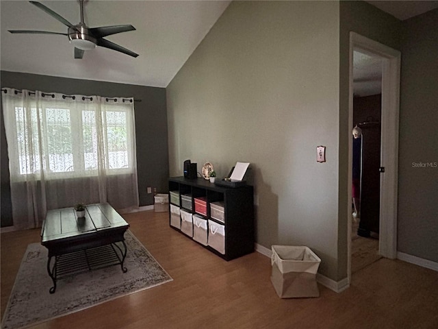9375 Woodbreeze Blvd, Windermere, FL 34786 - office featuring a ceiling fan, lofted ceiling, wood finished floors, and baseboards