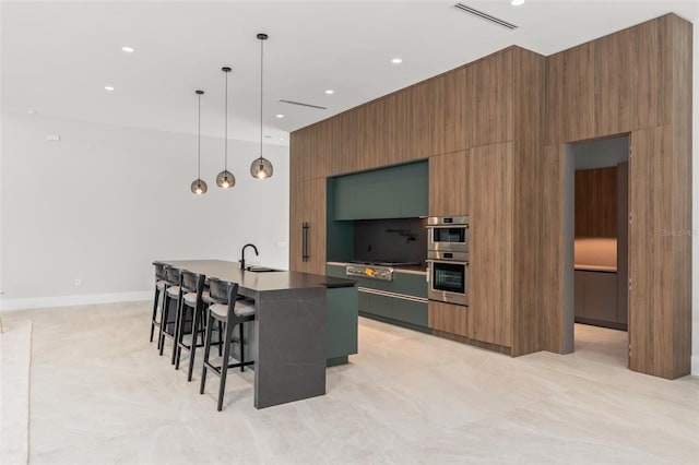 16320 Pendio Dr, Bella Collina, FL 34756 - kitchen featuring modern cabinets, brown cabinetry, appliances with stainless steel finishes, and recessed lighting