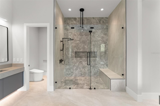 16320 Pendio Dr, Bella Collina, FL 34756 - bathroom featuring a marble finish shower, toilet, vanity, recessed lighting, and baseboards