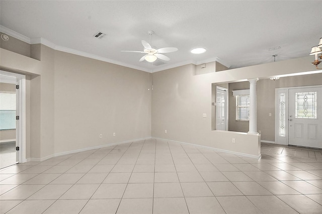 2104 Gerardo Ave, The Villages, FL 32159 - spare room with ceiling fan, ornate columns, crown molding, baseboards, and light tile patterned floors