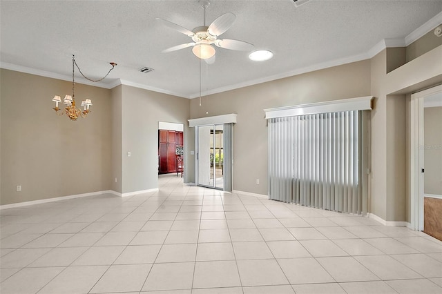 2104 Gerardo Ave, The Villages, FL 32159 - unfurnished room featuring a ceiling fan, a chandelier, ornamental molding, a textured ceiling, and baseboards