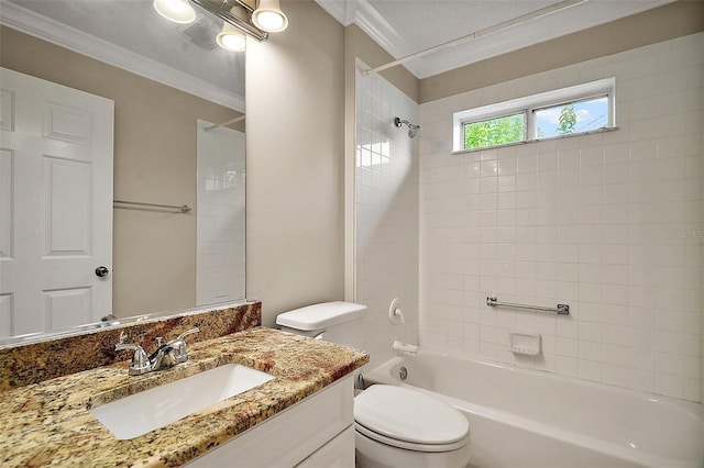 2104 Gerardo Ave, The Villages, FL 32159 - bathroom with ornamental molding, toilet, vanity, and shower / tub combination
