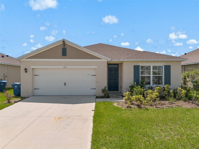 424 Noble Ave, Davenport, FL 33837 - ranch-style house featuring a front yard, an attached garage, concrete driveway, and stucco siding