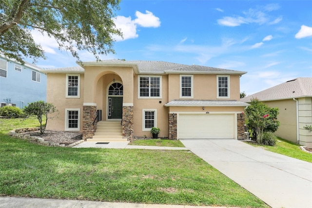 2745 Shearwater St, Clermont, FL 34711 - view of front of home with stucco siding, a garage, a front yard, and concrete driveway