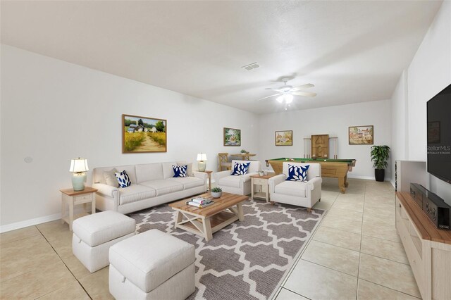 2745 Shearwater St, Clermont, FL 34711 - living area with light tile patterned floors, billiards table, and a ceiling fan