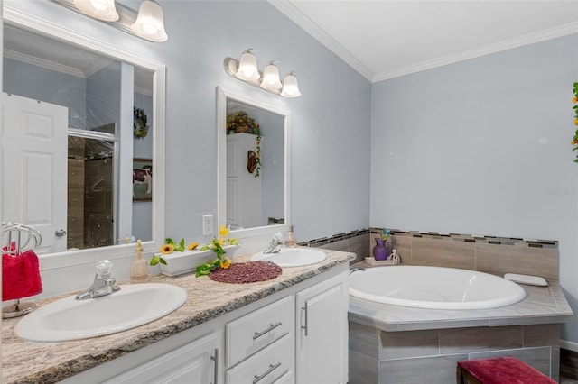 4048 Lake Griffin Rd, Lady Lake, FL 32159 - full bath with a bath, double vanity, ornamental molding, and a tile shower