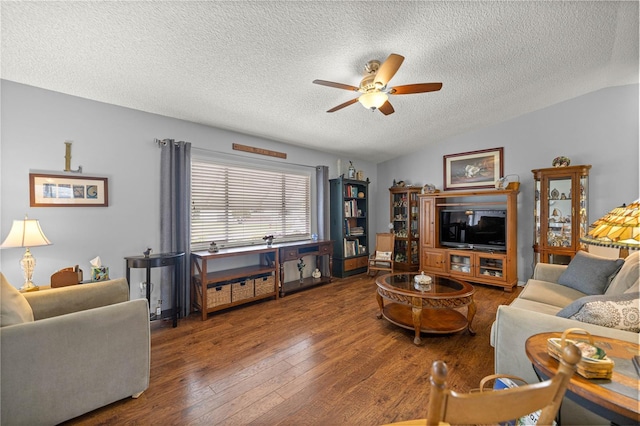 17533 SE 96th Ct, Summerfield, FL 34491 - living area featuring ceiling fan, lofted ceiling, a textured ceiling, and hardwood / wood-style floors