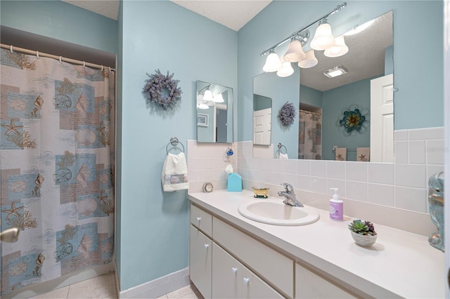 17533 SE 96th Ct, Summerfield, FL 34491 - full bath featuring backsplash, vanity, tile patterned flooring, a textured ceiling, and a shower with curtain