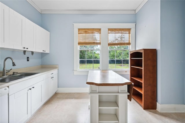 263 NE 1st St, Webster, FL 33597 - kitchen with a sink, open shelves, ornamental molding, light countertops, and white cabinetry
