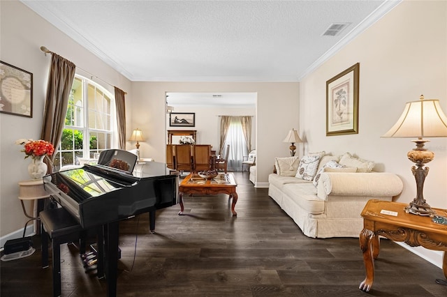5144 Rishley Run Way, Mount Dora, FL 32757 - living area featuring healthy amount of natural light, dark wood-style floors, crown molding, a textured ceiling, and baseboards
