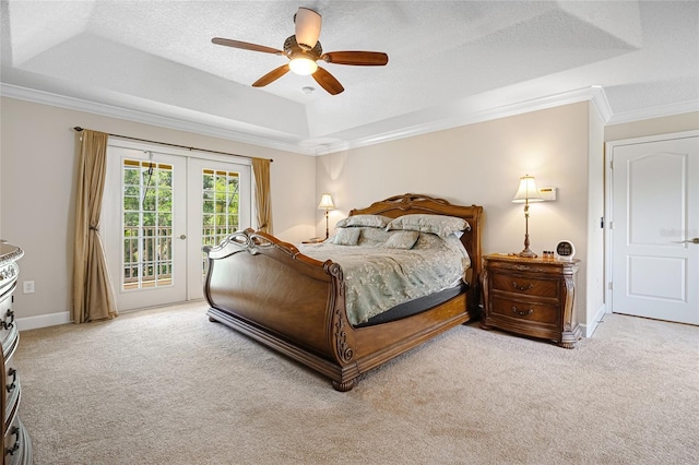 5144 Rishley Run Way, Mount Dora, FL 32757 - carpeted bedroom featuring access to outside, ornamental molding, french doors, a raised ceiling, and baseboards