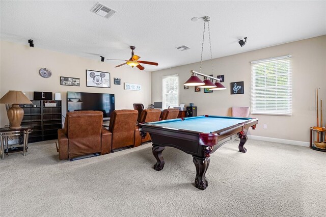 5144 Rishley Run Way, Mount Dora, FL 32757 - game room with healthy amount of natural light, carpet floors, billiards table, a ceiling fan, and a textured ceiling