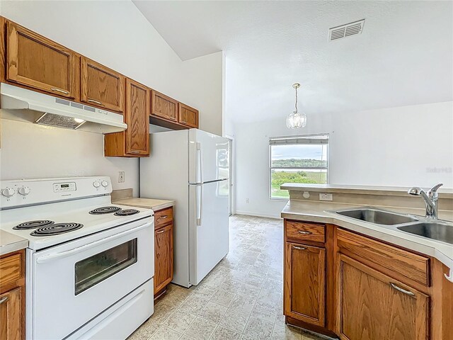 439 Gentle Breeze Dr, Minneola, FL 34715 - kitchen featuring white appliances, under cabinet range hood, a sink, brown cabinets, and light countertops