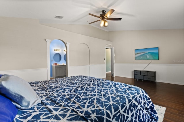 800 Daybreak Dr, Fruitland Park, FL 34731 - bedroom with lofted ceiling, wood finished floors, ceiling fan, and ensuite bathroom