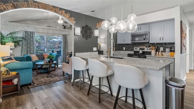 1130 Woodsong Way, Clermont, FL 34714 - kitchen with stainless steel appliances, a sink, gray cabinets, wood finished floors, and a ceiling fan
