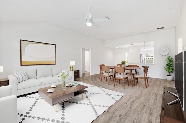 4157 Tiedemann Loop, The Villages, FL 32163 - living area with light wood finished floors, ceiling fan, lofted ceiling, and baseboards