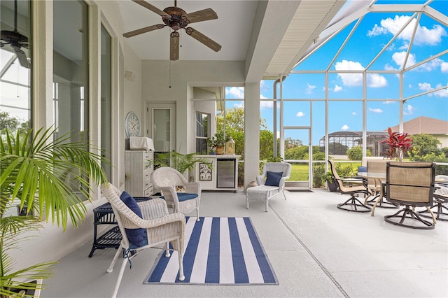 39145 Treeline Dr, Lady Lake, FL 32159 - view of patio with ceiling fan, glass enclosure, and beverage cooler