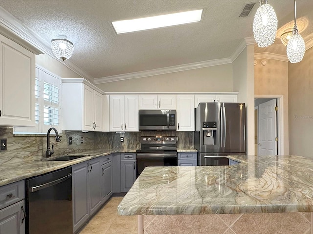 3237 Atwell Ave, The Villages, FL 32162 - kitchen with stainless steel appliances, a sink, gray cabinetry, a chandelier, and white cabinets