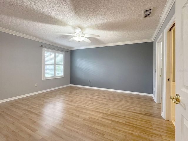 3237 Atwell Ave, The Villages, FL 32162 - unfurnished room featuring light wood-style floors, a textured ceiling, ceiling fan, ornamental molding, and baseboards